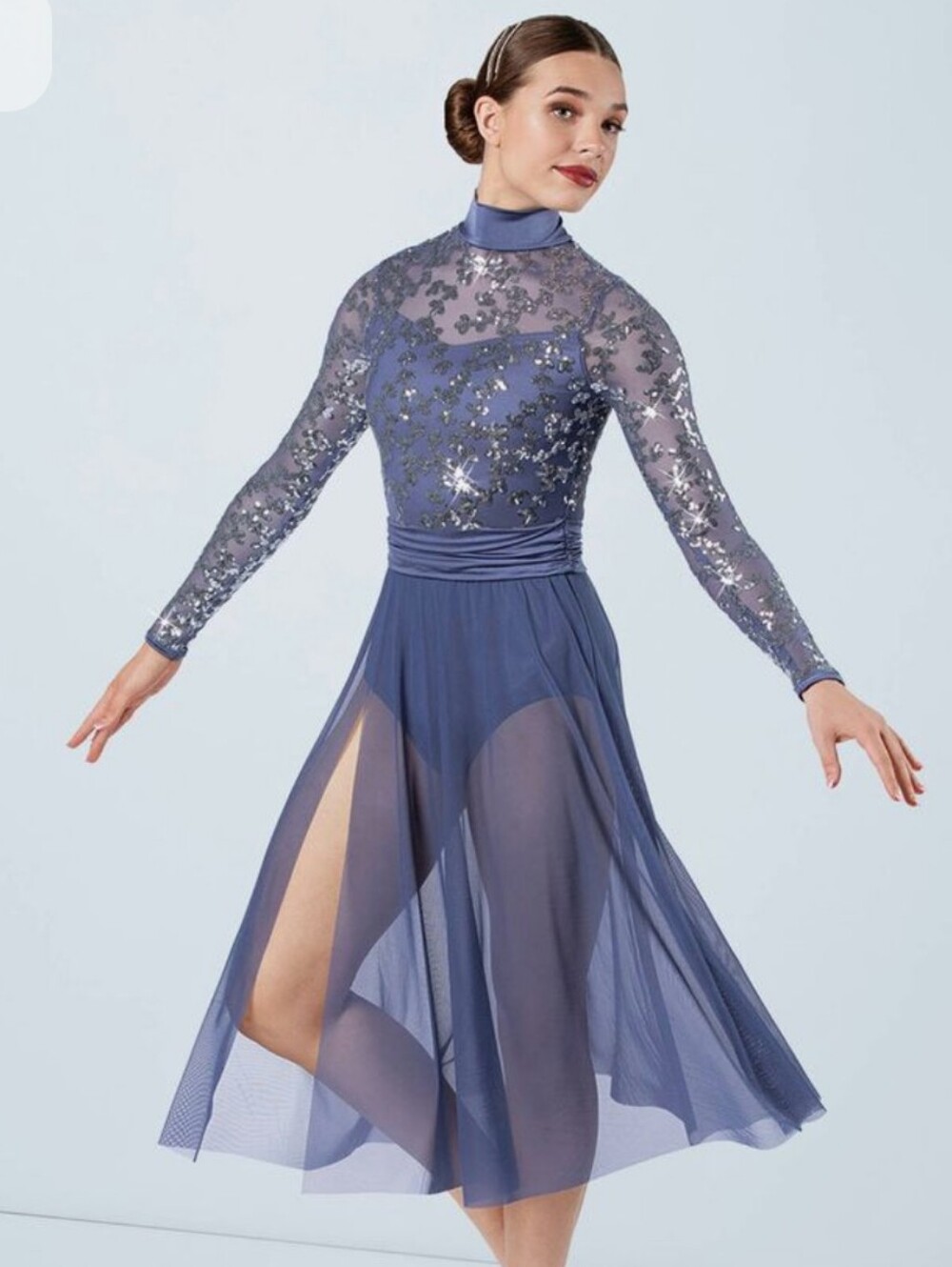 Weissman Adult M Periwinkle & Silver Sequin Long Sleeve Dance Costume Dress